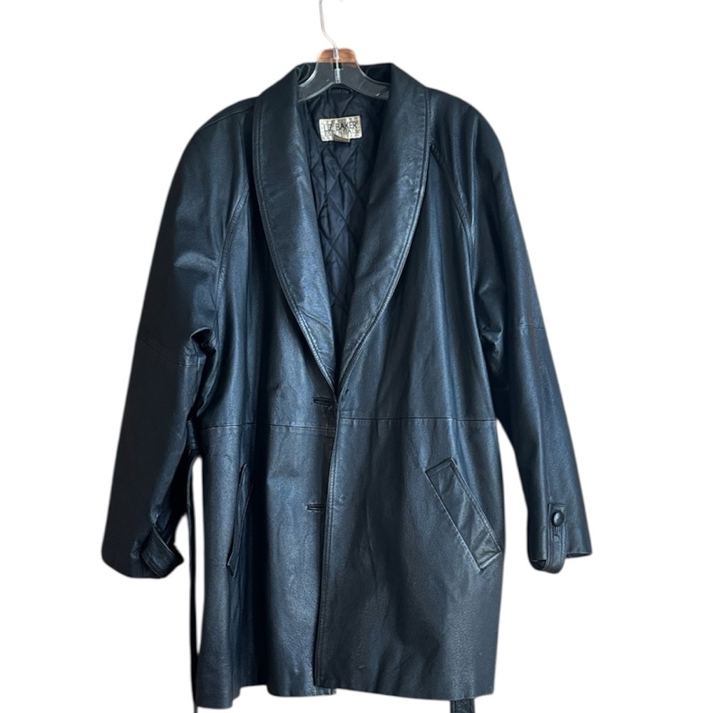 Liz Baker Essentials Vintage 80’s Women's Black Leather Belted Coat Jacket Sz XL